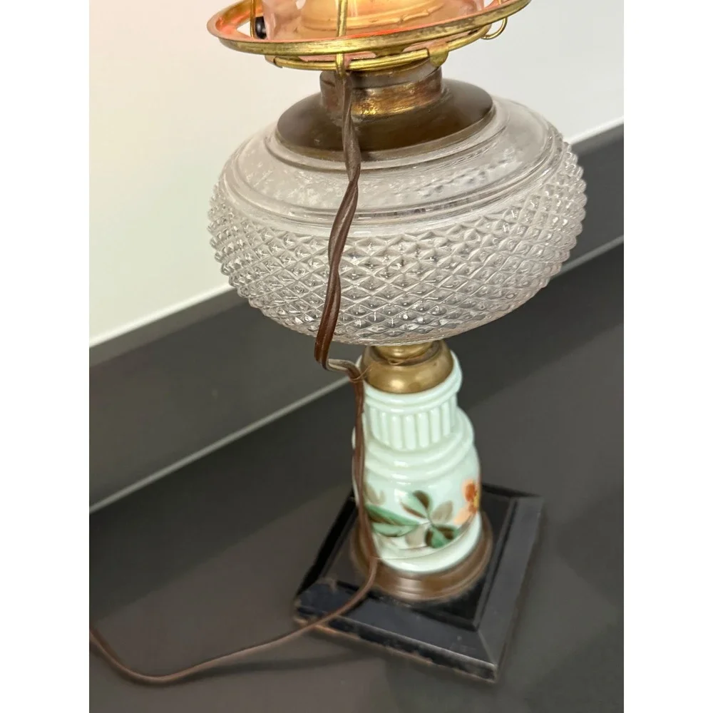 Vintage Electric Hurricane Lamp Floral Milk Glass Hobnail Clear Red Flame Bulb